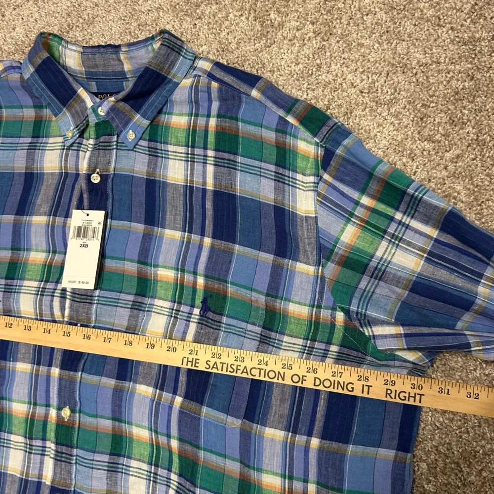 NWT Polo Ralph Lauren‎ Button Down Plaid Linen Shirt Men Size 2XB Blue Green